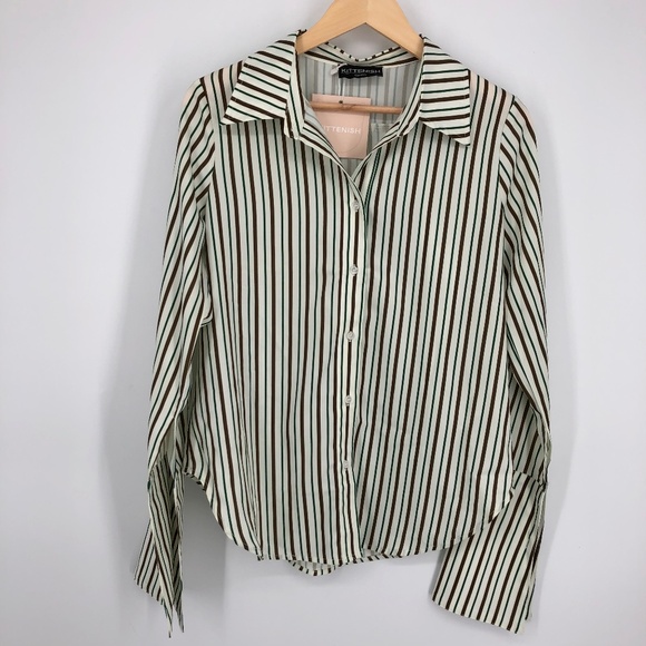 Kittenish Womens Button Front Top Size Small Stripe Oversized Long Flare Sleeve - Picture 2 of 15